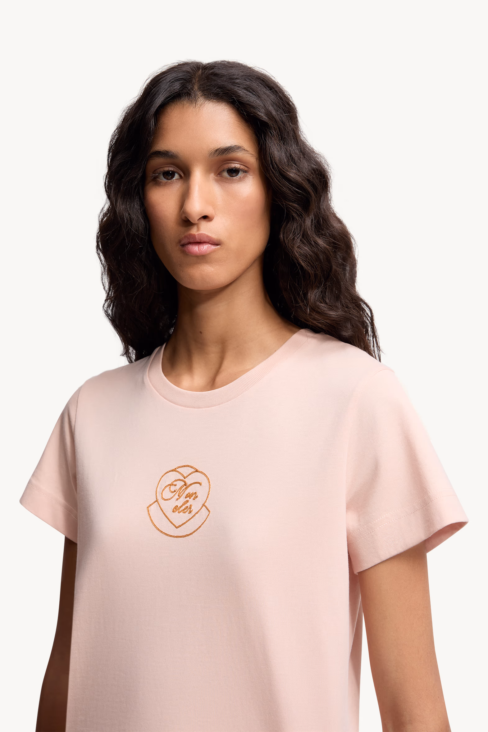 Embroidered Heart Logo Cotton T-Shirt Women Light Pink Moncler 4